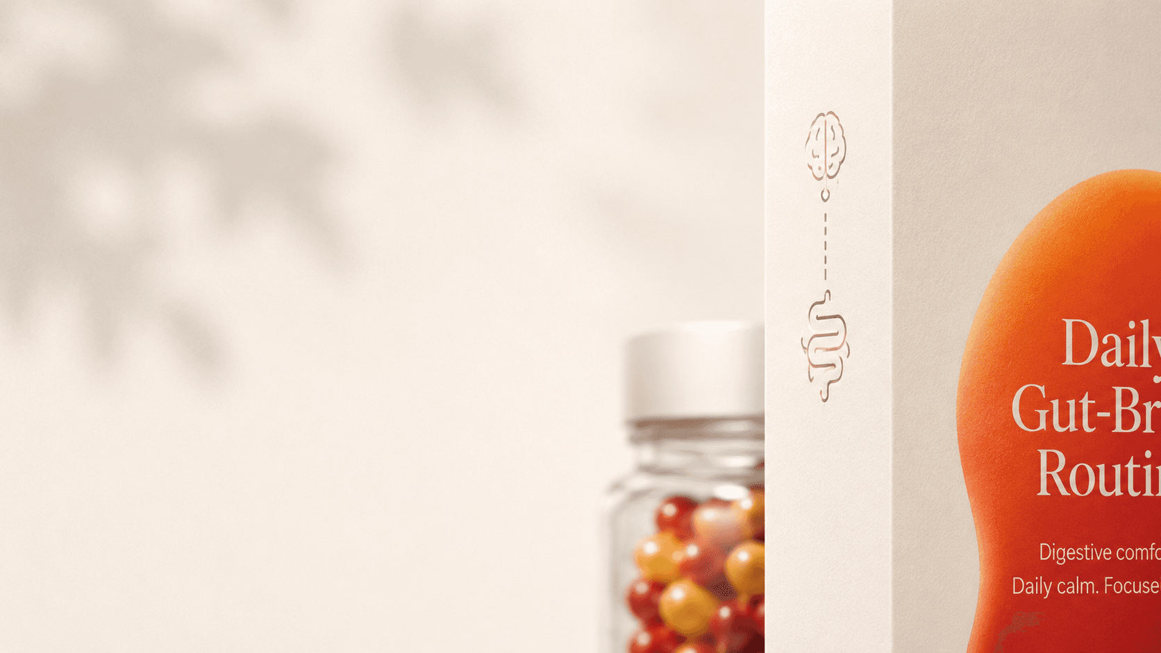 Keyzyme packaging concept — a jar of capsules beside a carton showing a minimal brain-to-gut sign.